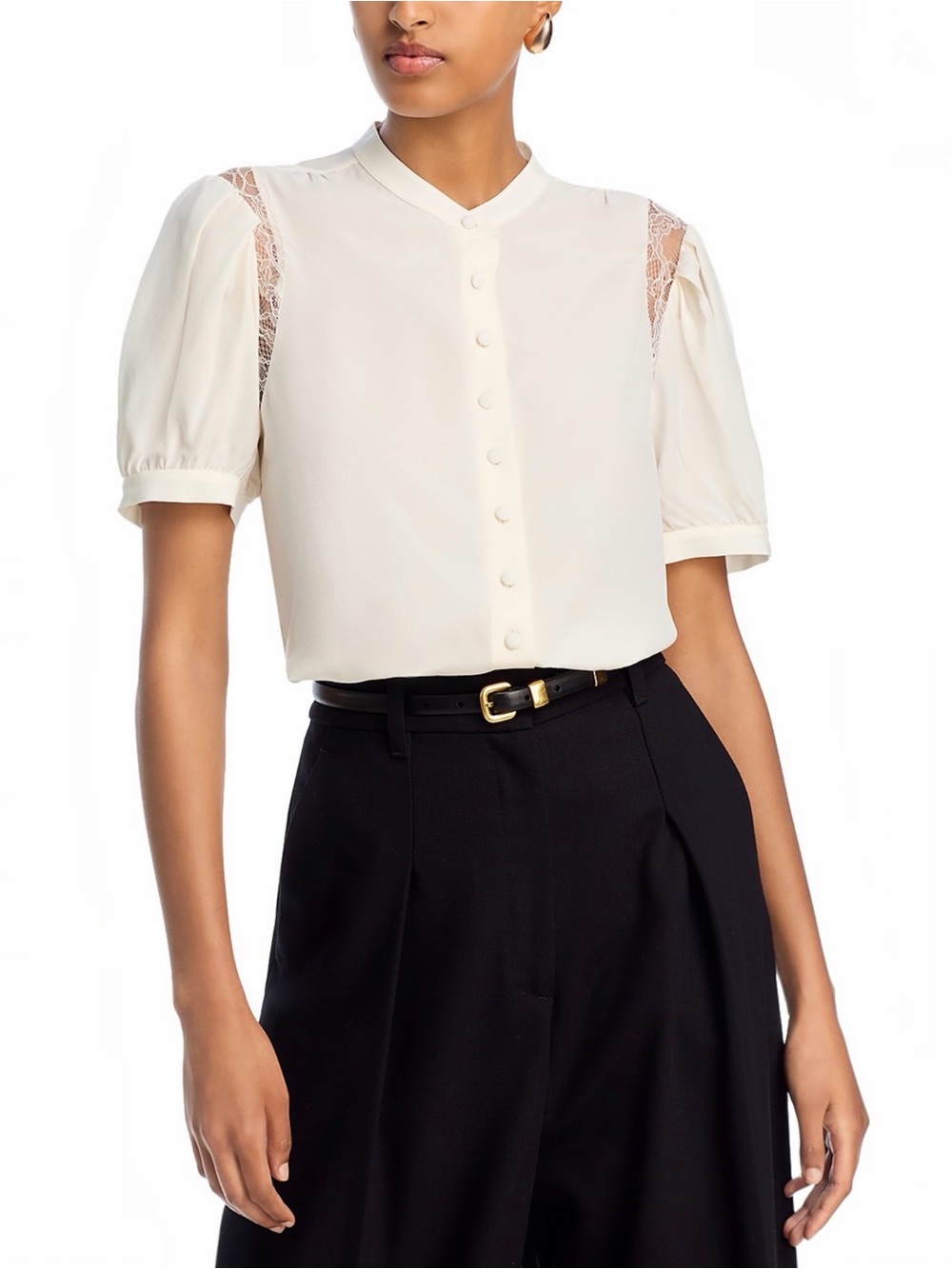 Frame Women’s Silk Lace Trim Short Sleeve Crepe de Chine Ivory Blouse Medium NEW